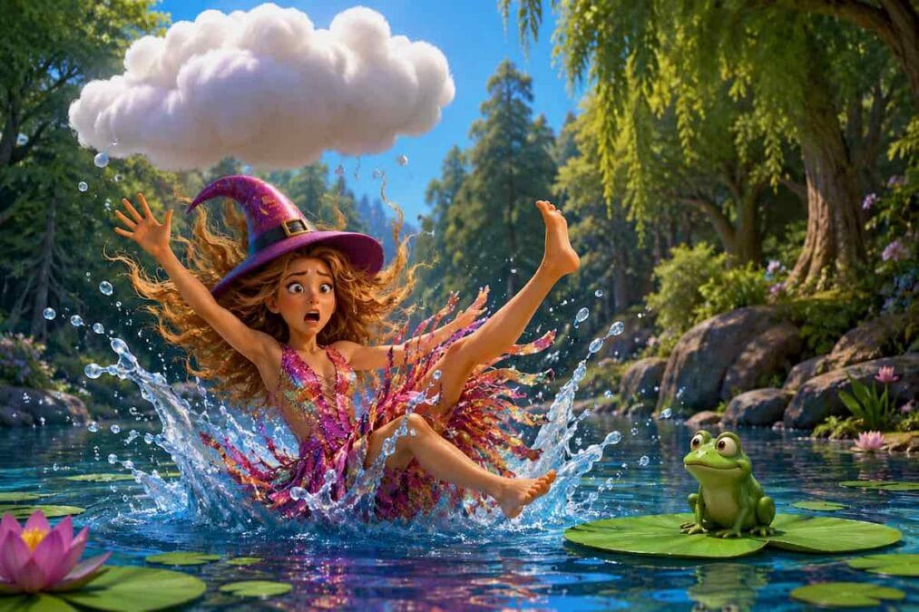 Dibujo de la joven bruja Calixta cayendo de una nube y dando un chapuzón en el río junto a una pequeña rana verde, estilo 3D.