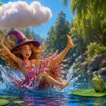 Dibujo de la joven bruja Calixta cayendo de una nube y dando un chapuzón en el río junto a una pequeña rana verde, estilo 3D.
