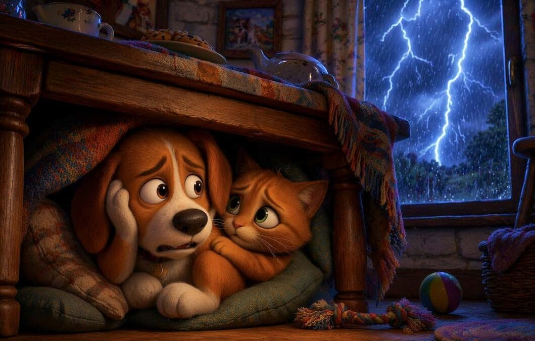 Niño y gato refugiados durante tormenta cuento infantil sobre miedo a los ruidos