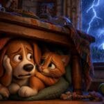 Niño y gato refugiados durante tormenta cuento infantil sobre miedo a los ruidos