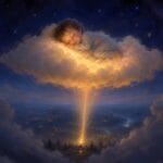 Daniel duerme sobre una nube luminosa mientras un rayo de luz cálida asciende desde la casa de su futura mamá en la Tierra.