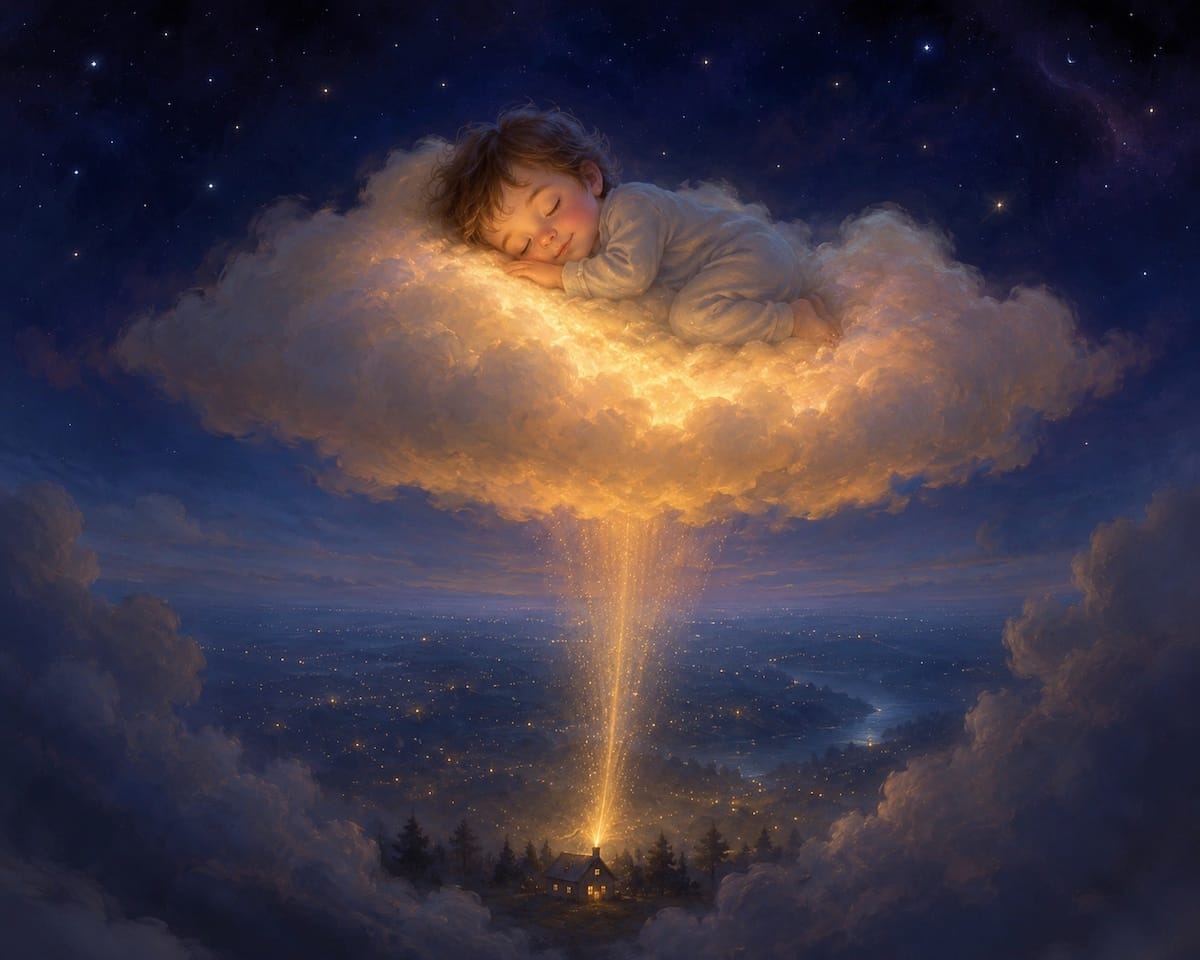 Daniel duerme sobre una nube luminosa mientras un rayo de luz cálida asciende desde la casa de su futura mamá en la Tierra.