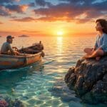 Ilustración estilo Pixar de un pescador en su barca acercándose a una joven sentada sobre una roca en el mar durante un atardecer dorado.