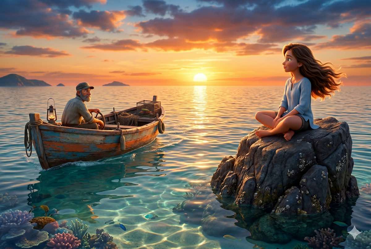 Ilustración estilo Pixar de un pescador en su barca acercándose a una joven sentada sobre una roca en el mar durante un atardecer dorado.
