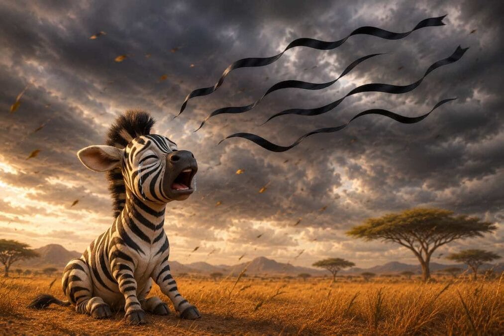 Dibujo de la pequeña cebra Camila en la sabana africana viendo cómo el viento se lleva sus rayas negras hacia el cielo, estilo 3D.