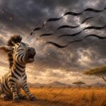 Dibujo de la pequeña cebra Camila en la sabana africana viendo cómo el viento se lleva sus rayas negras hacia el cielo, estilo 3D.