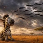 Dibujo de la pequeña cebra Camila en la sabana africana viendo cómo el viento se lleva sus rayas negras hacia el cielo, estilo 3D.