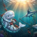 Ballena perlada atrapada en red de pesca siendo rescatada por cangrejos y pez espada en el fondo del mar.