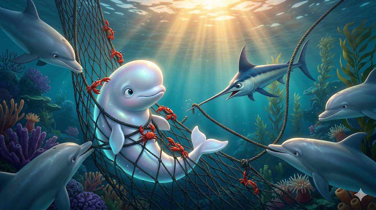 Ballena perlada atrapada en red de pesca siendo rescatada por cangrejos y pez espada en el fondo del mar.