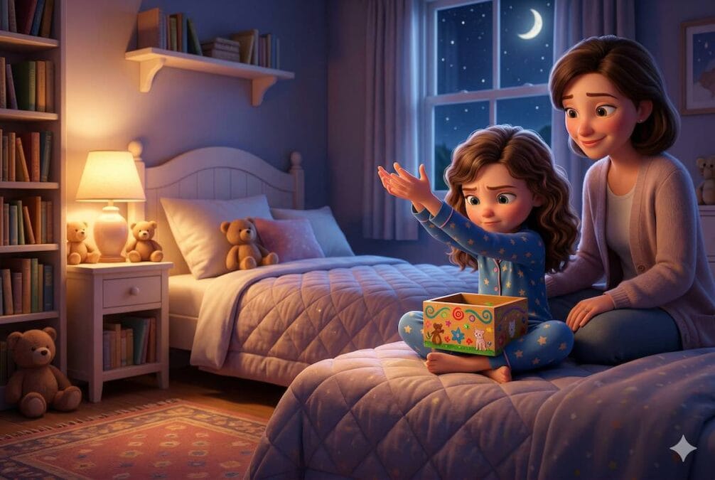 Ilustración 3D de una niña en pijama guardando sus miedos invisibles en una caja de madera pintada, mientras su madre la observa con ternura en su habitación.