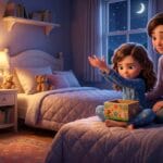 Ilustración 3D de una niña en pijama guardando sus miedos invisibles en una caja de madera pintada, mientras su madre la observa con ternura en su habitación.