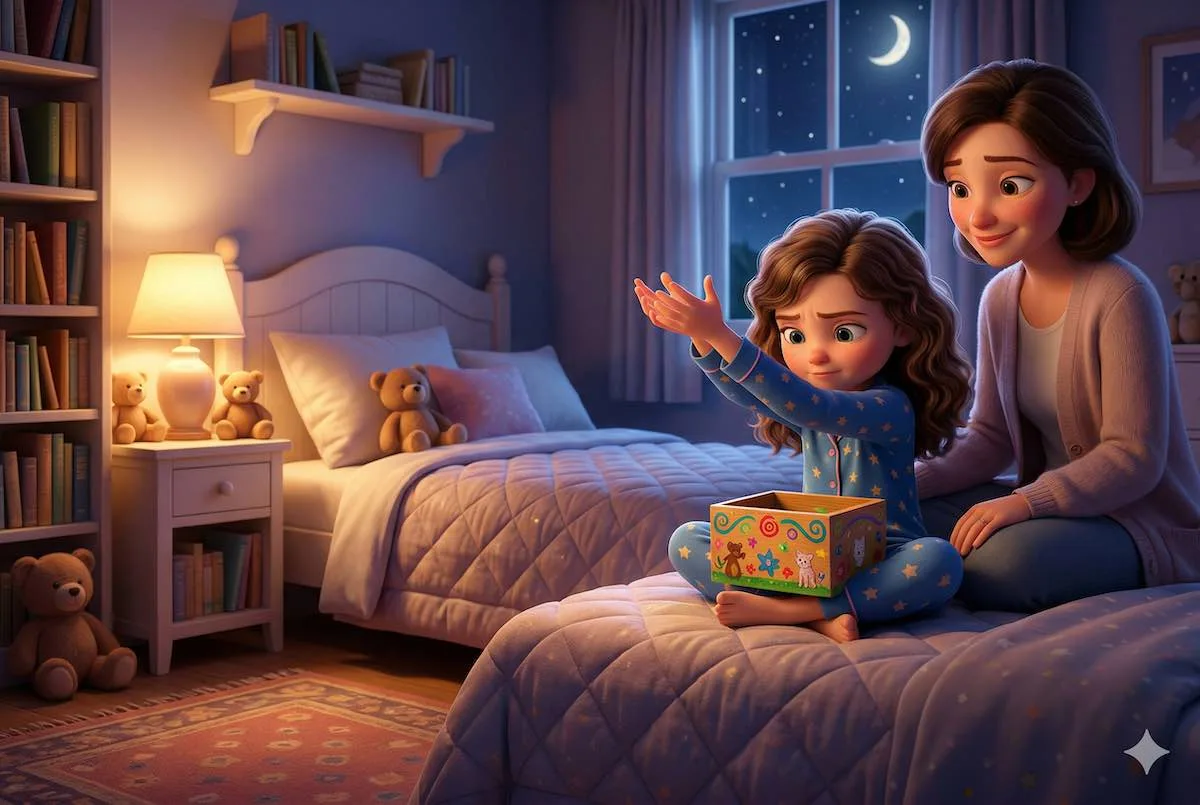 Ilustración 3D de una niña en pijama guardando sus miedos invisibles en una caja de madera pintada, mientras su madre la observa con ternura en su habitación.