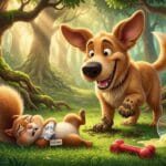 Ilustración 3D de una ardilla haciéndose la muerta ante un perro amigable en un bosque mágico.