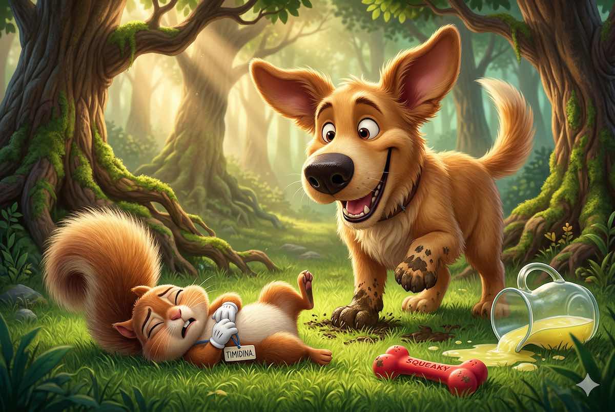Ilustración 3D de una ardilla haciéndose la muerta ante un perro amigable en un bosque mágico.