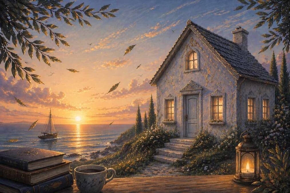 Casa gris junto al mar al atardecer con grietas doradas sutiles, ambiente tranquilo y brisa suave, ilustración de cuento infantil guia espiritual