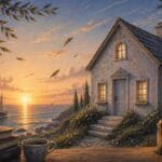 Casa gris junto al mar al atardecer con grietas doradas sutiles, ambiente tranquilo y brisa suave, ilustración de cuento infantil guia espiritual
