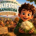 Niño feliz sosteniendo una coliflor en un cuento infantil educativo sobre alimentación y emociones