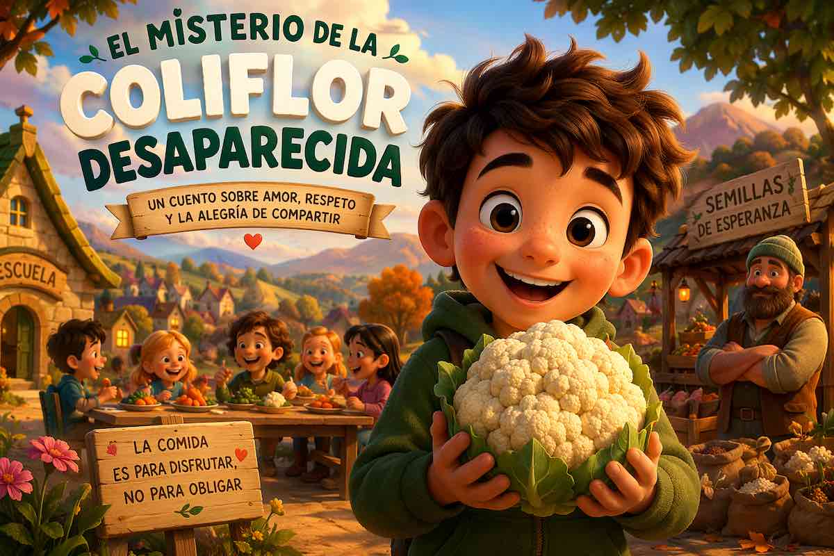 Niño feliz sosteniendo una coliflor en un cuento infantil educativo sobre alimentación y emociones