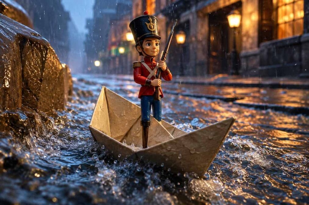 Dibujo del soldadito de plomo con chaqueta roja en una barca de papel navegando por una corriente de agua en la calle, estilo animación 3D.