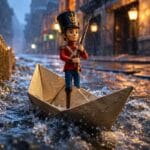 Dibujo del soldadito de plomo con chaqueta roja en una barca de papel navegando por una corriente de agua en la calle, estilo animación 3D.