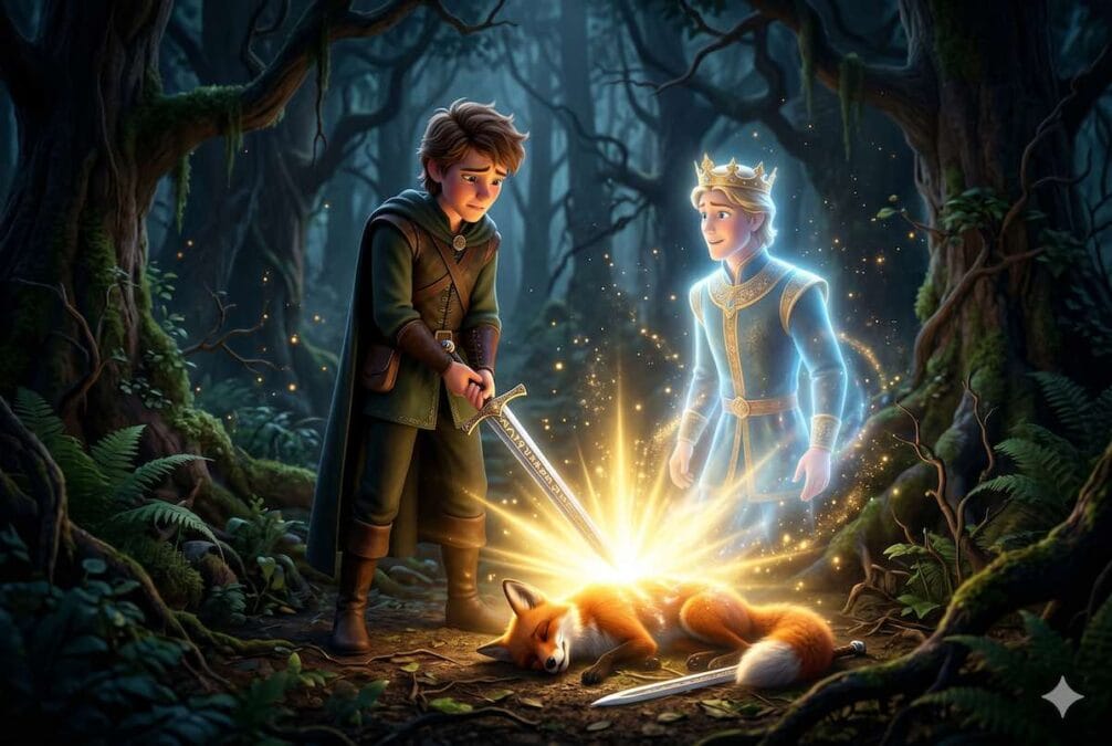 Ilustración del cuento El Pájaro de Oro donde un príncipe rompe el hechizo de una zorra con su espada, revelando el espíritu brillante de un joven rey en un bosque oscuro.