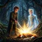 Ilustración del cuento El Pájaro de Oro donde un príncipe rompe el hechizo de una zorra con su espada, revelando el espíritu brillante de un joven rey en un bosque oscuro.