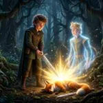 Ilustración del cuento El Pájaro de Oro donde un príncipe rompe el hechizo de una zorra con su espada, revelando el espíritu brillante de un joven rey en un bosque oscuro.
