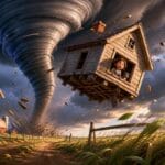 Tornado levantando una casa en Kansas en cuento infantil del Mago de Oz
