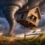 Tornado levantando una casa en Kansas en cuento infantil del Mago de Oz