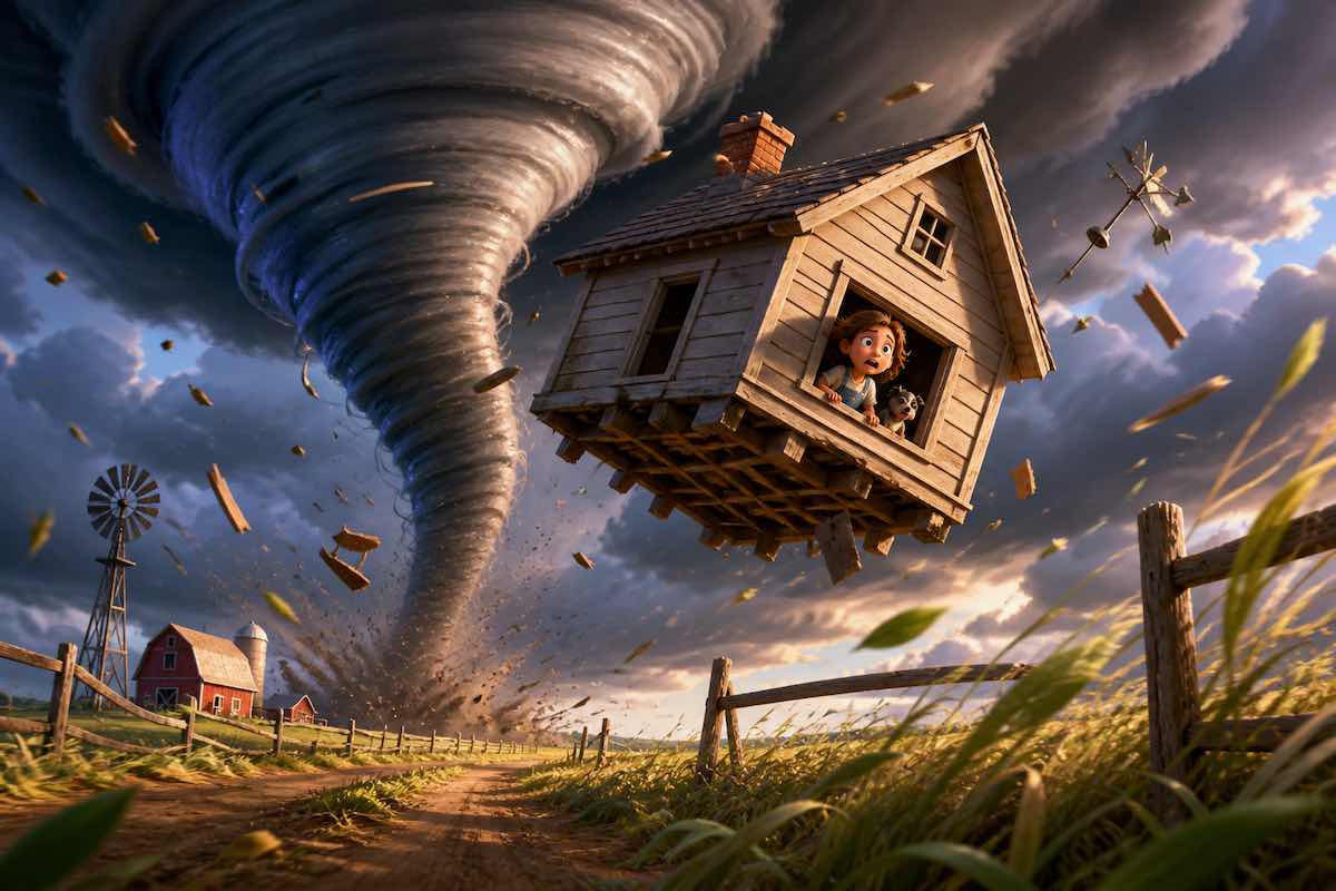 Tornado levantando una casa en Kansas en cuento infantil del Mago de Oz