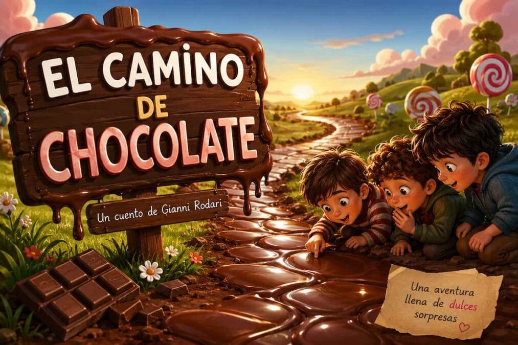 Tres hermanos descubren un camino de chocolate en el cuento infantil El camino de chocolate de Gianni Rodari.
