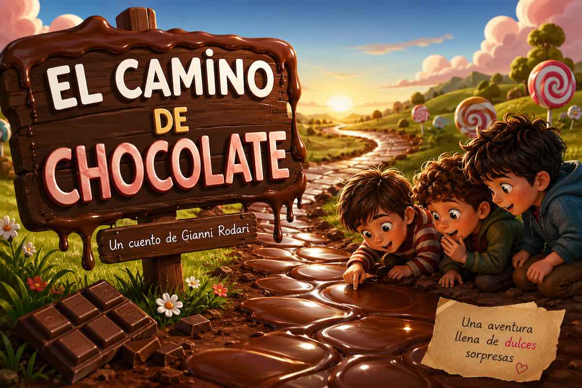 Tres hermanos descubren un camino de chocolate en el cuento infantil El camino de chocolate de Gianni Rodari.