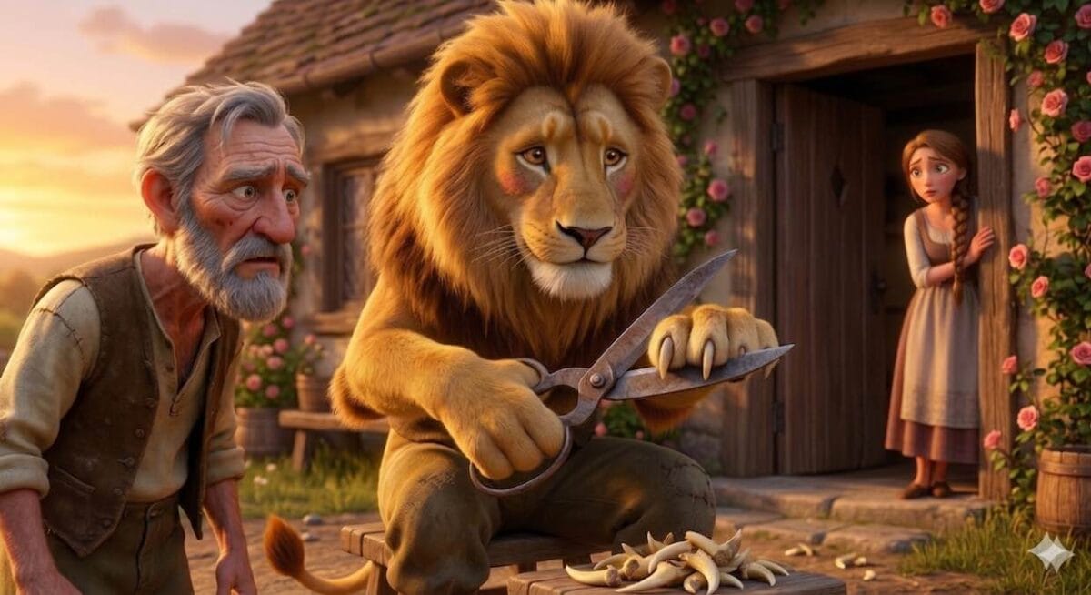 Ilustración cinemática 3D de un león humanizado cortando sus propias garras con unas tijeras antiguas frente a un granjero y su hija, representando la fábula El León Enamorado de Esopo.