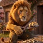 Ilustración cinemática 3D de un león humanizado cortando sus propias garras con unas tijeras antiguas frente a un granjero y su hija, representando la fábula El León Enamorado de Esopo.