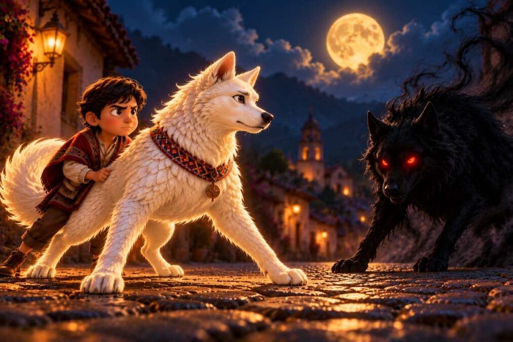 Dibujo del Cadejo blanco protegiendo a Mateo del Cadejo negro en un camino de noche, estilo 3D.