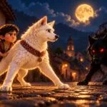 Dibujo del Cadejo blanco protegiendo a Mateo del Cadejo negro en un camino de noche, estilo 3D.