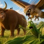 Buey marrón caminando por un prado verde con una hormiga sobre su lomo y una cigarra observando desde una hoja, escena infantil en animación 3D estilo Pixar
