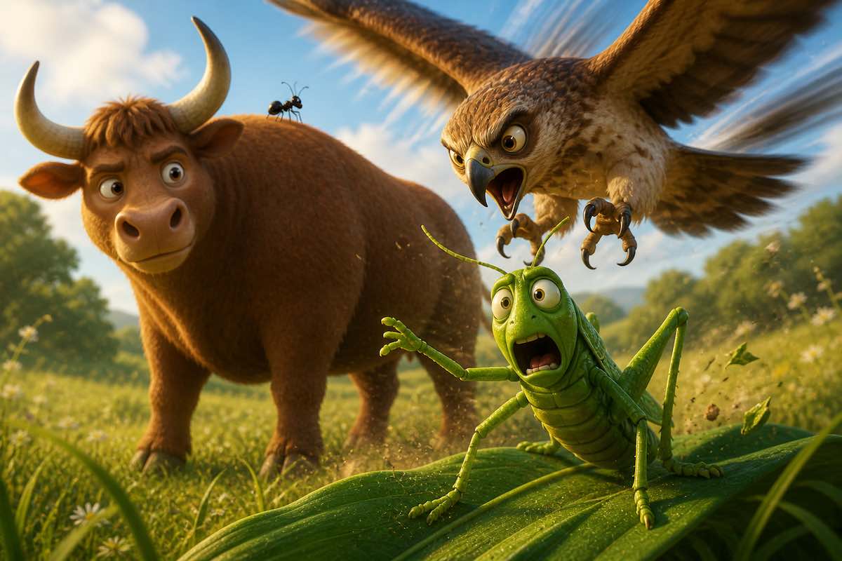Buey marrón caminando por un prado verde con una hormiga sobre su lomo y una cigarra observando desde una hoja, escena infantil en animación 3D estilo Pixar