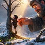 El gigante egoísta ayuda a un niño a subir a un árbol en un jardín nevado, inicio de su redención