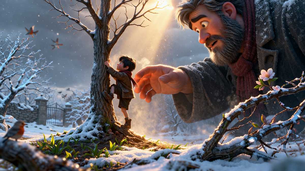 El gigante egoísta ayuda a un niño a subir a un árbol en un jardín nevado, inicio de su redención