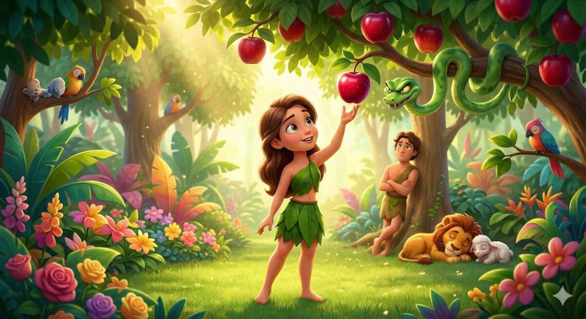 Eva frente al Árbol del Bien y del Mal con la serpiente astuta en el Jardín del Edén, estilo Pixar.