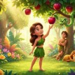 Eva frente al Árbol del Bien y del Mal con la serpiente astuta en el Jardín del Edén, estilo Pixar.