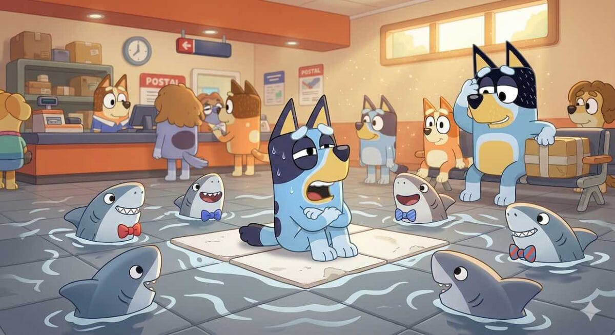 Bluey sentada en una baldosa de oficina de correos rodeada de tiburones imaginarios con pajarita, del cuento "Bluey y la Isla de la Espera".