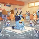 Bluey sentada en una baldosa de oficina de correos rodeada de tiburones imaginarios con pajarita, del cuento "Bluey y la Isla de la Espera".