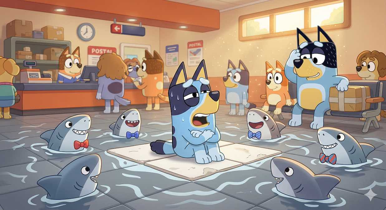 Bluey sentada en una baldosa de oficina de correos rodeada de tiburones imaginarios con pajarita, del cuento "Bluey y la Isla de la Espera".