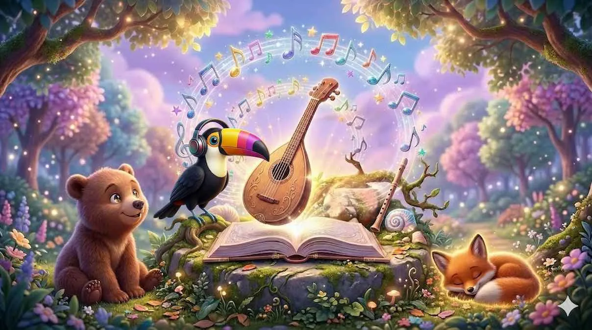 Libro mágico abierto con notas musicales brillantes e instrumentos de madera en un bosque estilo Pixar, portada de canciones y poemas infantiles.