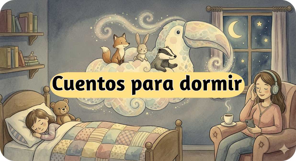 Niño durmiendo plácidamente mientras escucha audiocuentos infantiles con su madre relajada en una habitación mágica