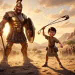 Animación 3D que muestra al joven David lanzando una piedra con su honda al gigante Goliat en el valle de Elah, con los ejércitos al fondo.