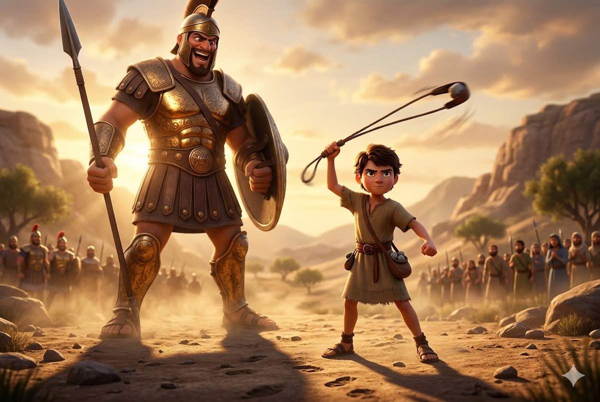 Animación 3D que muestra al joven David lanzando una piedra con su honda al gigante Goliat en el valle de Elah, con los ejércitos al fondo.
