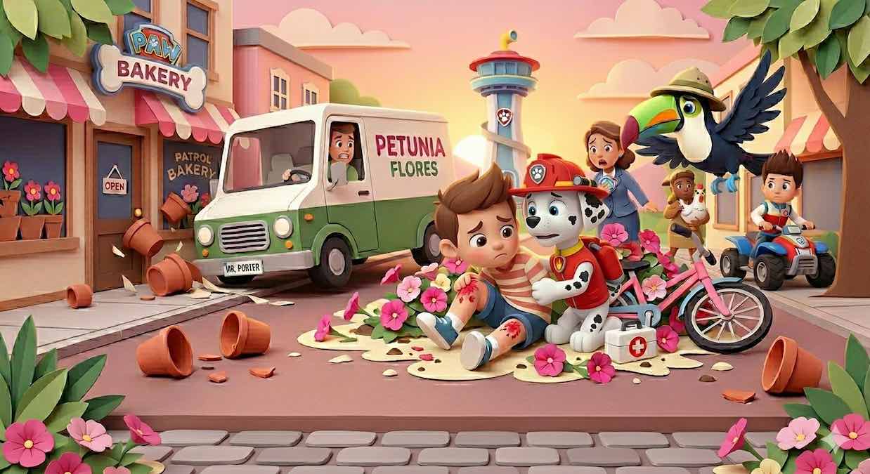 Ilustración 3D de Marshall de la Patrulla Canina curando la rodilla raspada de Álex Porter en una calle de Bahía Aventura, con Ryder, la Alcaldesa Goodway y el Señor Porter mirando.